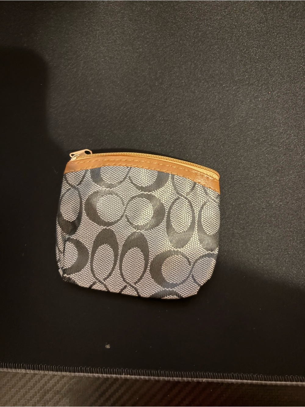 Coach Gray Signature Coin Pouch with Tan Leather Trim